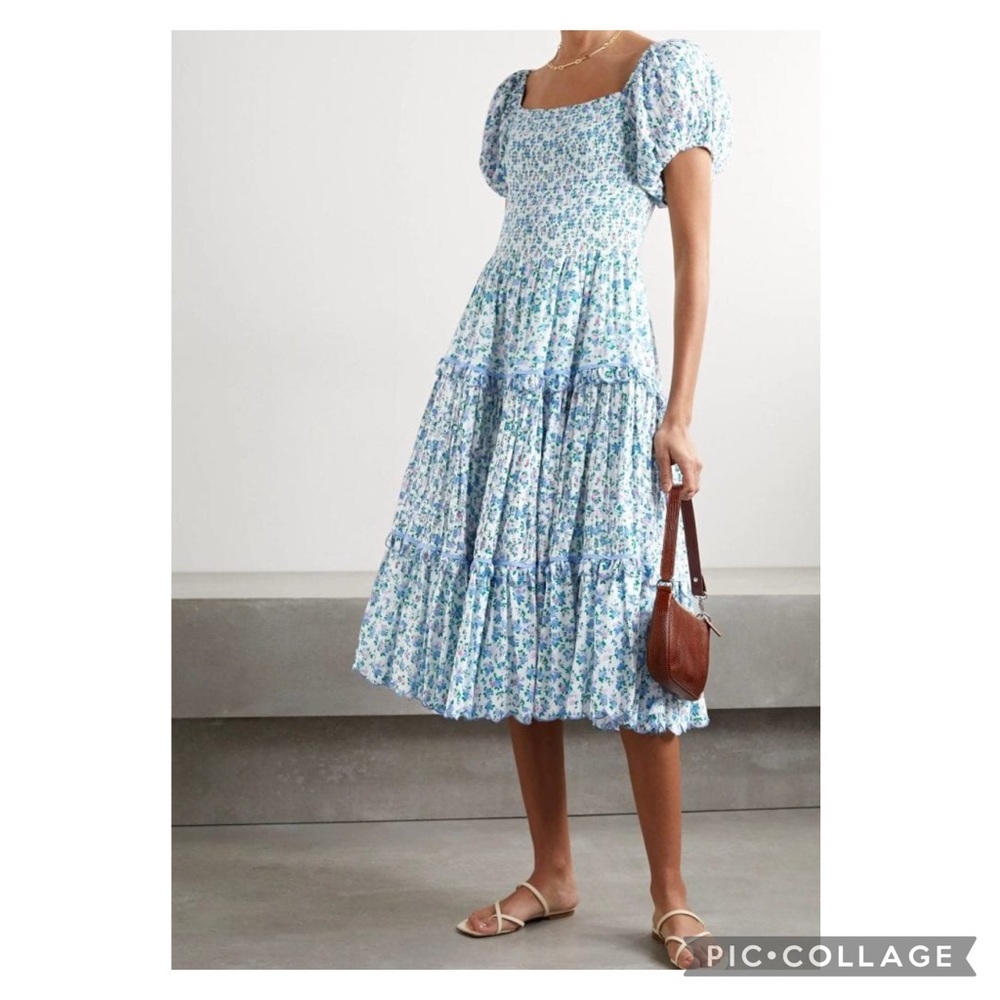 LoveShackFancy XS Masie Shirred Floral Print Cotton Voile Midi Dress
